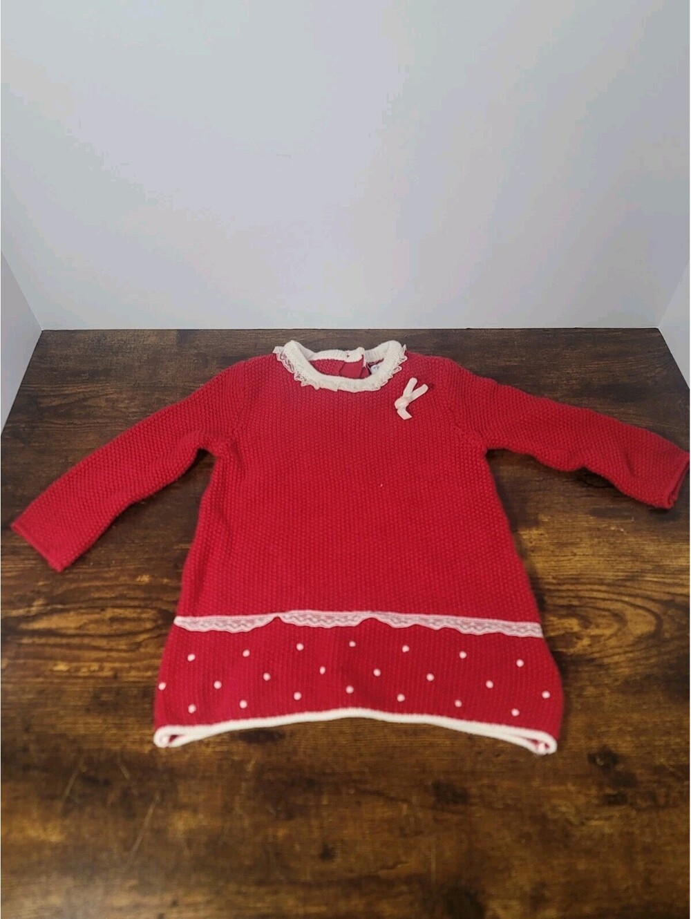 Baby Girls Tahari Baby Red Sweater Dress Lace Trim Dots 3-6 Months Cotton Blend